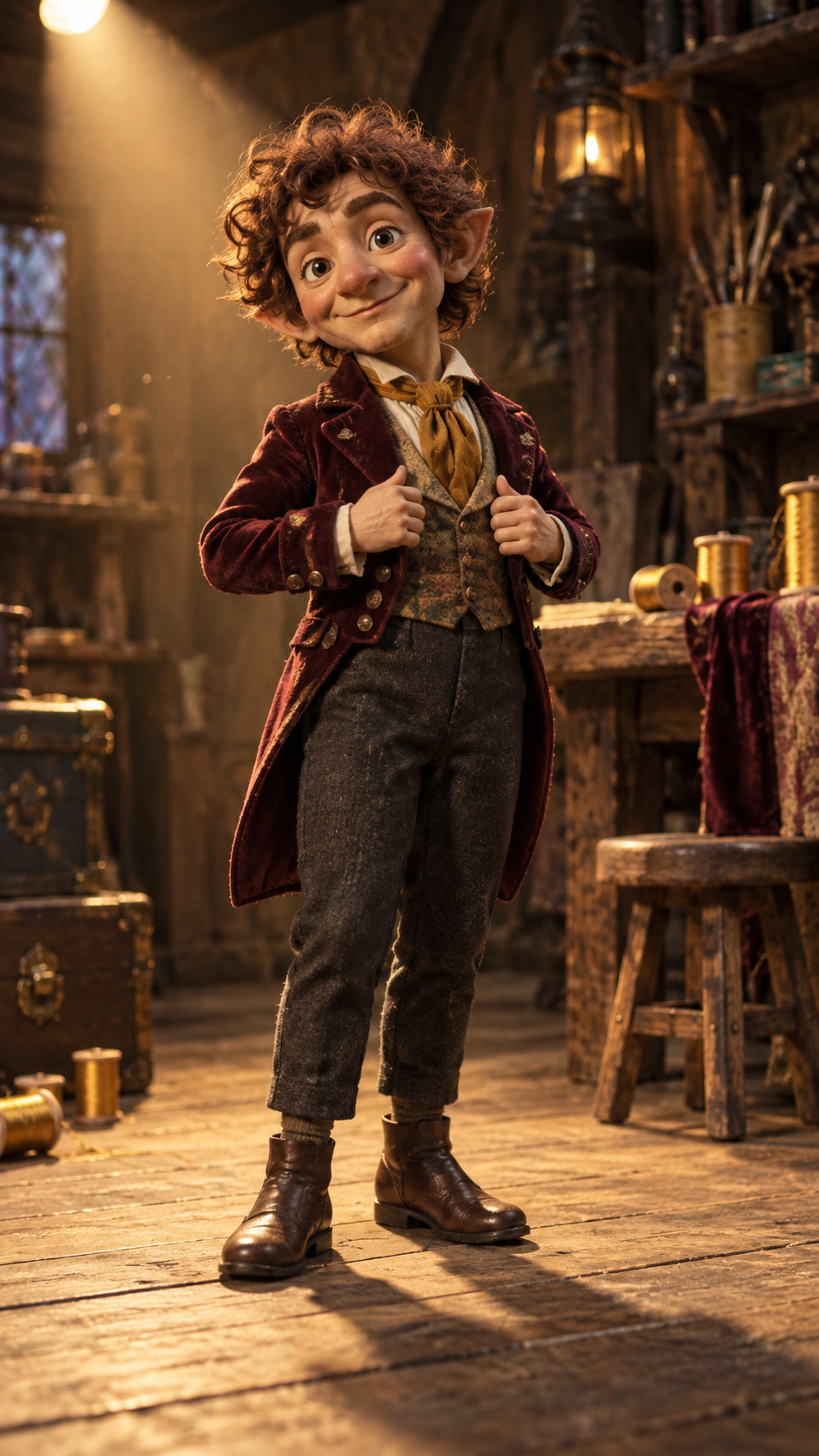 Input: original fictional imp in a burgundy jacket
